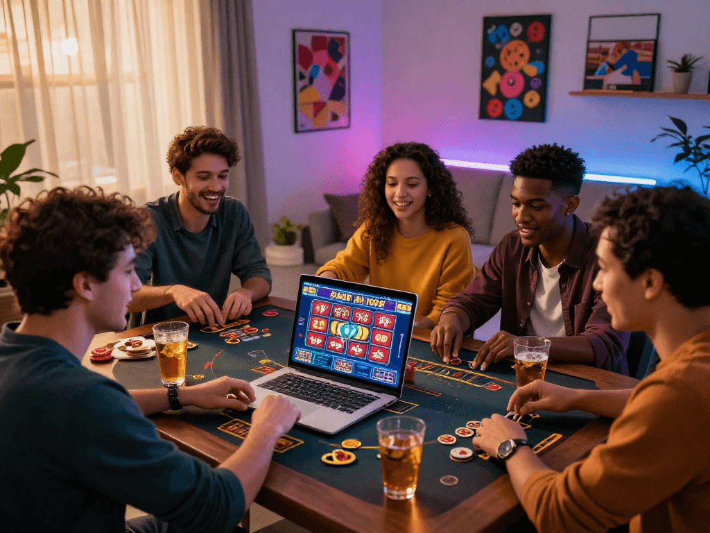 Excited friends gambling online in Canada, playing casino games together.