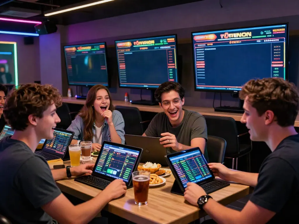 Engaged friends enjoying a thrilling online betting experience at https://uk88win.org/ with sports displays.