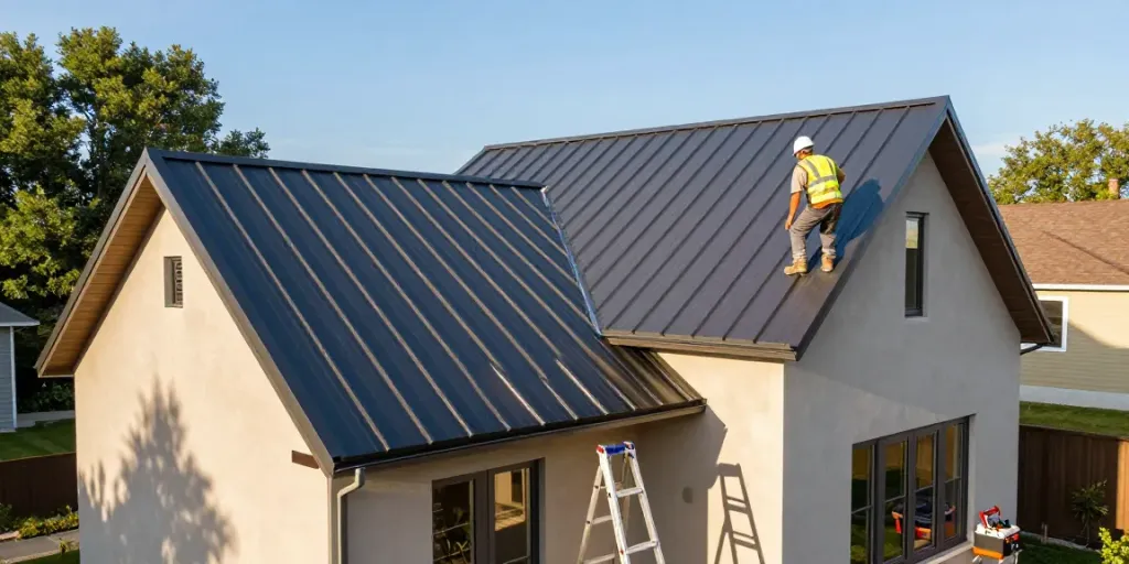 Durable metal roofing being installed on a modern home, showcasing standing seam panels and construction worker in safety gear.