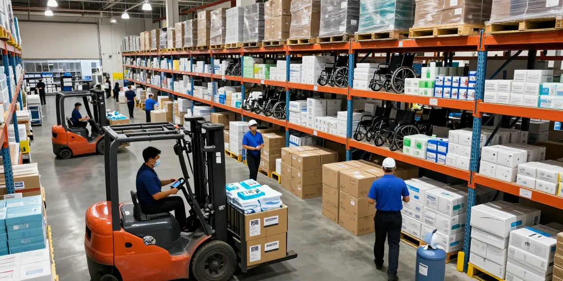 Largest medical supply distributors' logistics hub with workers organizing essential medical supplies.