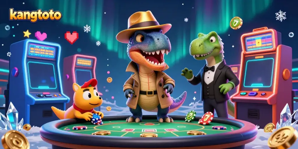 Gambaran kangtoto yang menampilkan velociraptor card counter di meja blackjack dengan elemen permainan slot yang berkilauan.