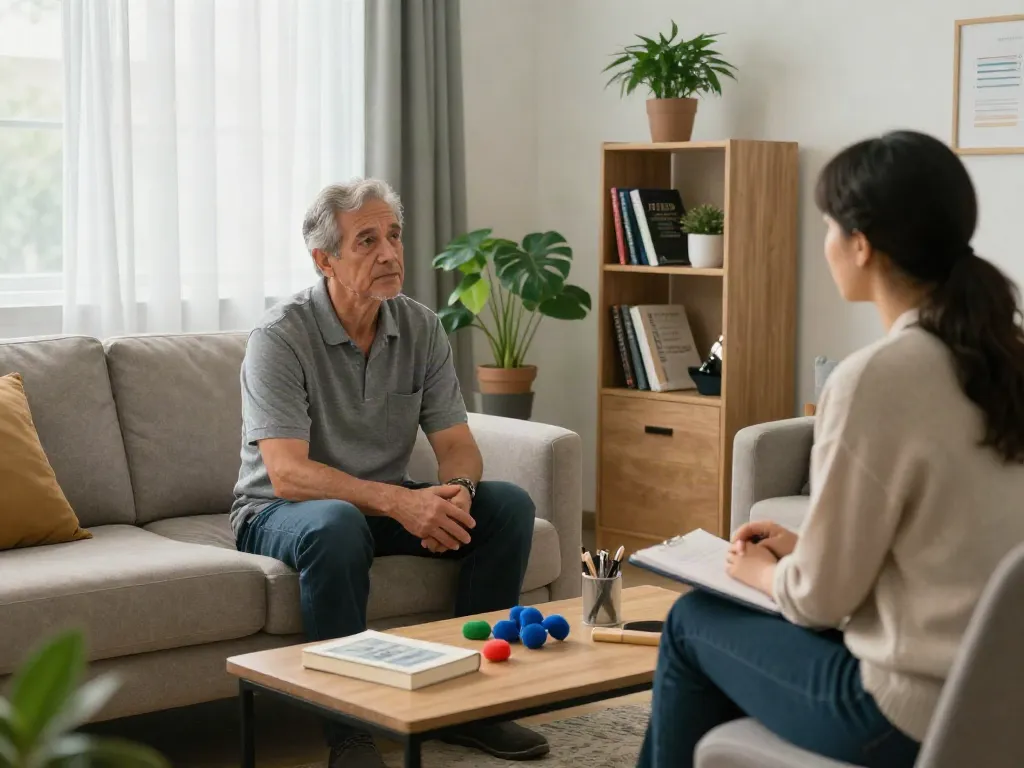 Therapist and veteran client engaged in conversation at a veteran mental health clinic, in a cozy therapy room filled with books and plants.