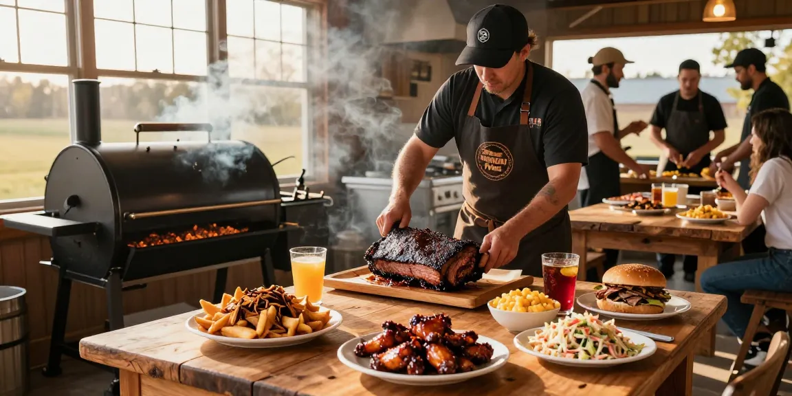 bbq take out alberta: Enjoying delicious brisket and pulled pork poutine in a rustic BBQ smokehouse