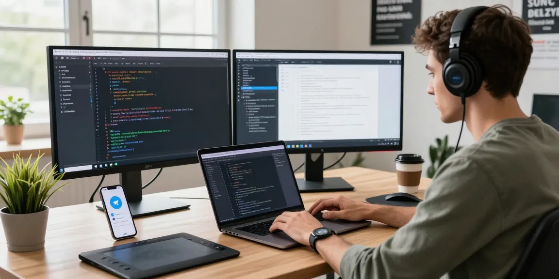 Programmer using Telegram Web Version in a modern tech workspace, showcasing productivity.