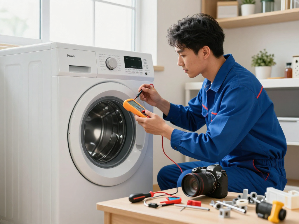 Expert stackable washer dryer repair service in a bright laundry room, technician using tools for troubleshooting.