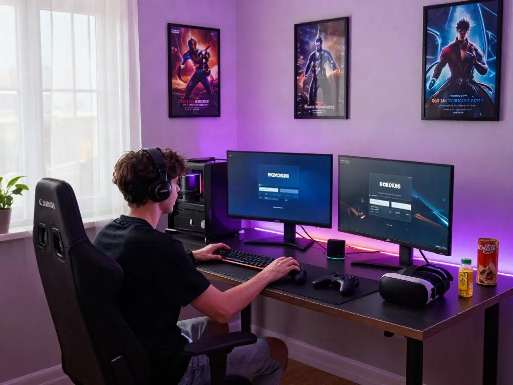 Engaged gamer at stylish desk with ROKOK88 login screen, colorful LED lights.