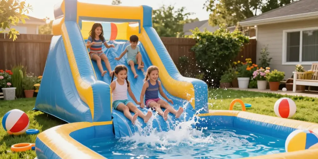 Children enjoying a slide water slide on a sunny day, vibrant inflatable and splashing water.