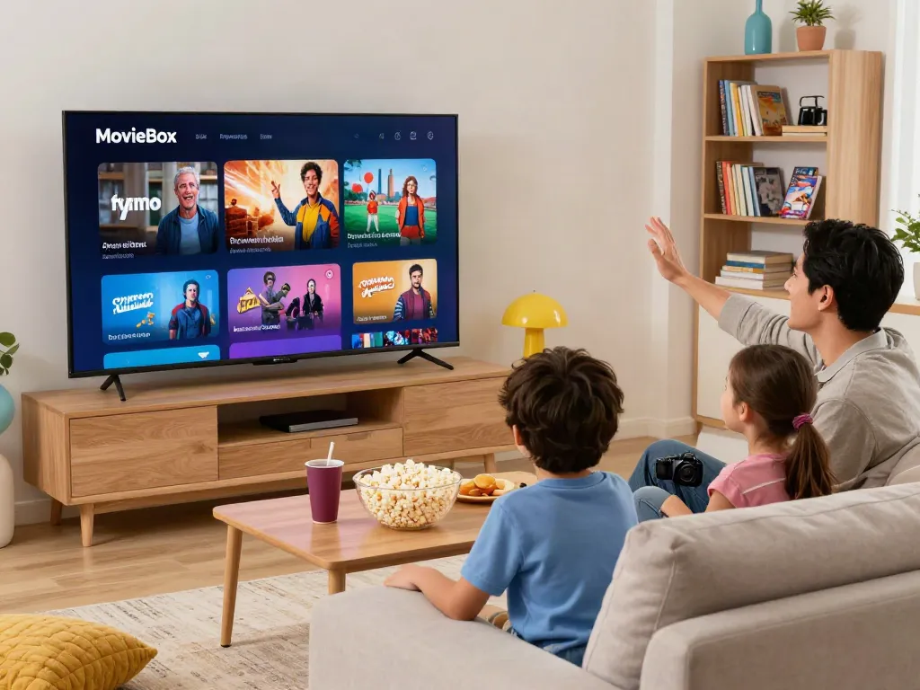 Family enjoying moviebox download on a smart TV in a cozy living room.