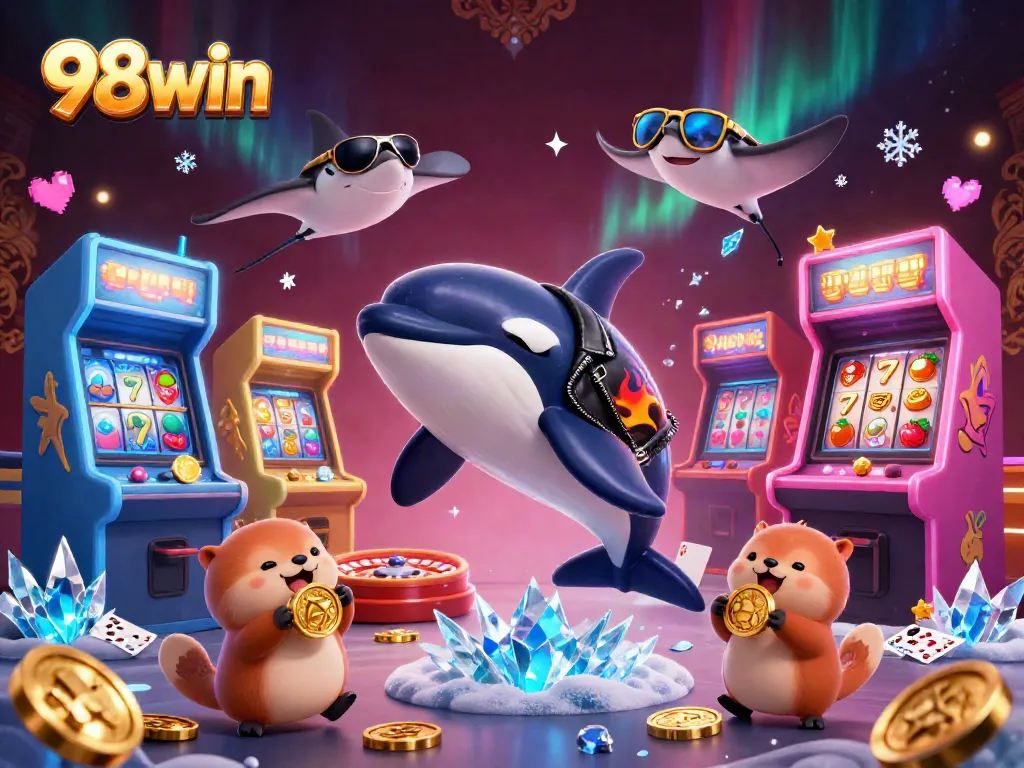 Experience the thrill of 98win with this vibrant 3D casino illustration featuring gaming elements and lively characters.