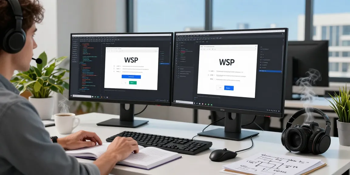 Professional downloading WPS software in a modern tech workspace with dual monitors.