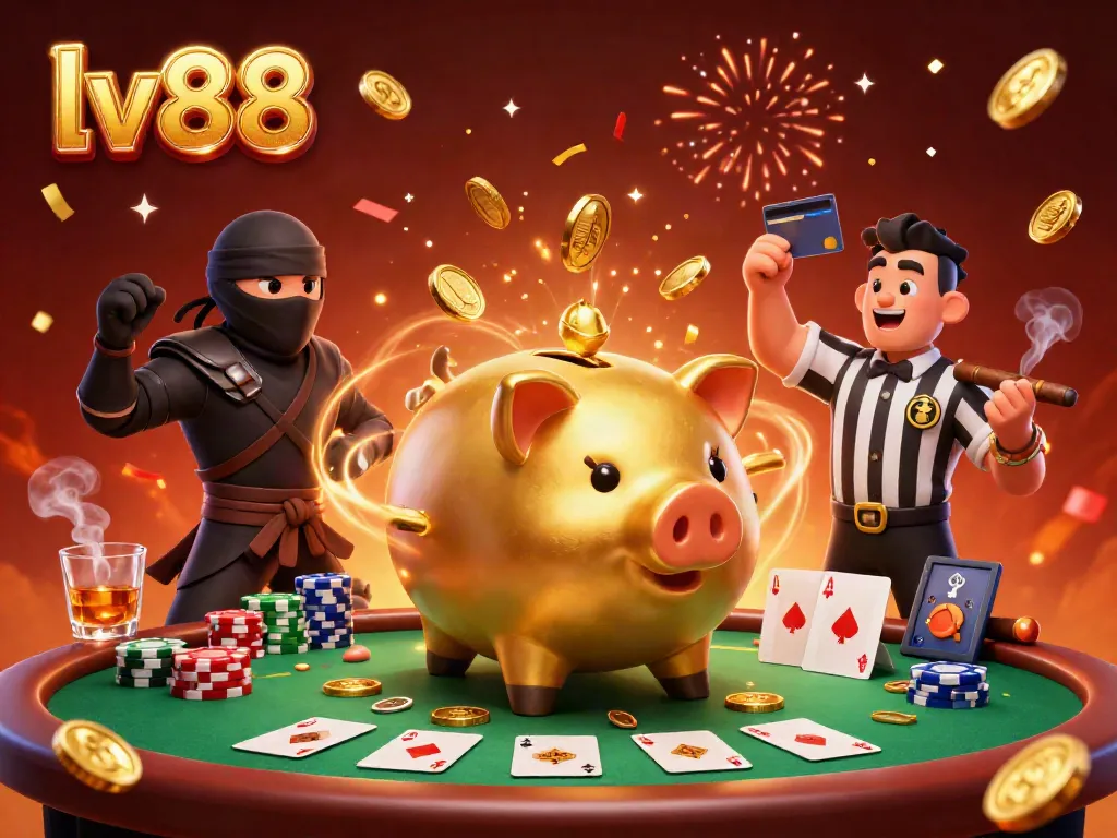 Experience thrilling gaming at lv88 with golden piggy bank sumo wrestler shaking coins on a vibrant casino scene.