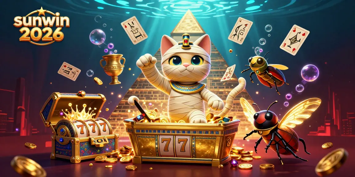 Engage with thrilling sunwin 2026 gameplay featuring a mummy cat and a golden scarab amidst rich casino elements.